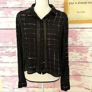 LEITH Plaid Sheer Window Panels Collared Button Down Chiffon Blouse Medium